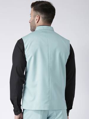 Blue Plain Polyester Nehru Jacket 5
