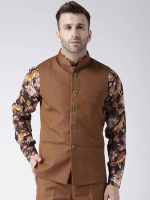 Brown Plain Polyester Nehru Jacket 1