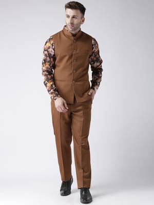 Brown Plain Polyester Nehru Jacket 2