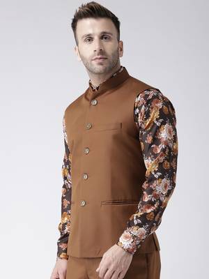 Brown Plain Polyester Nehru Jacket 3