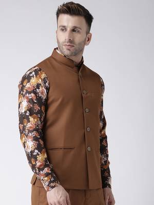 Brown Plain Polyester Nehru Jacket 4
