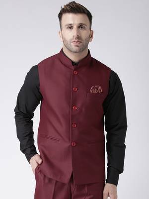Maroon Plain Polyester Nehru Jacket 1