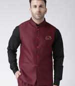 Maroon Plain Polyester Nehru Jacket