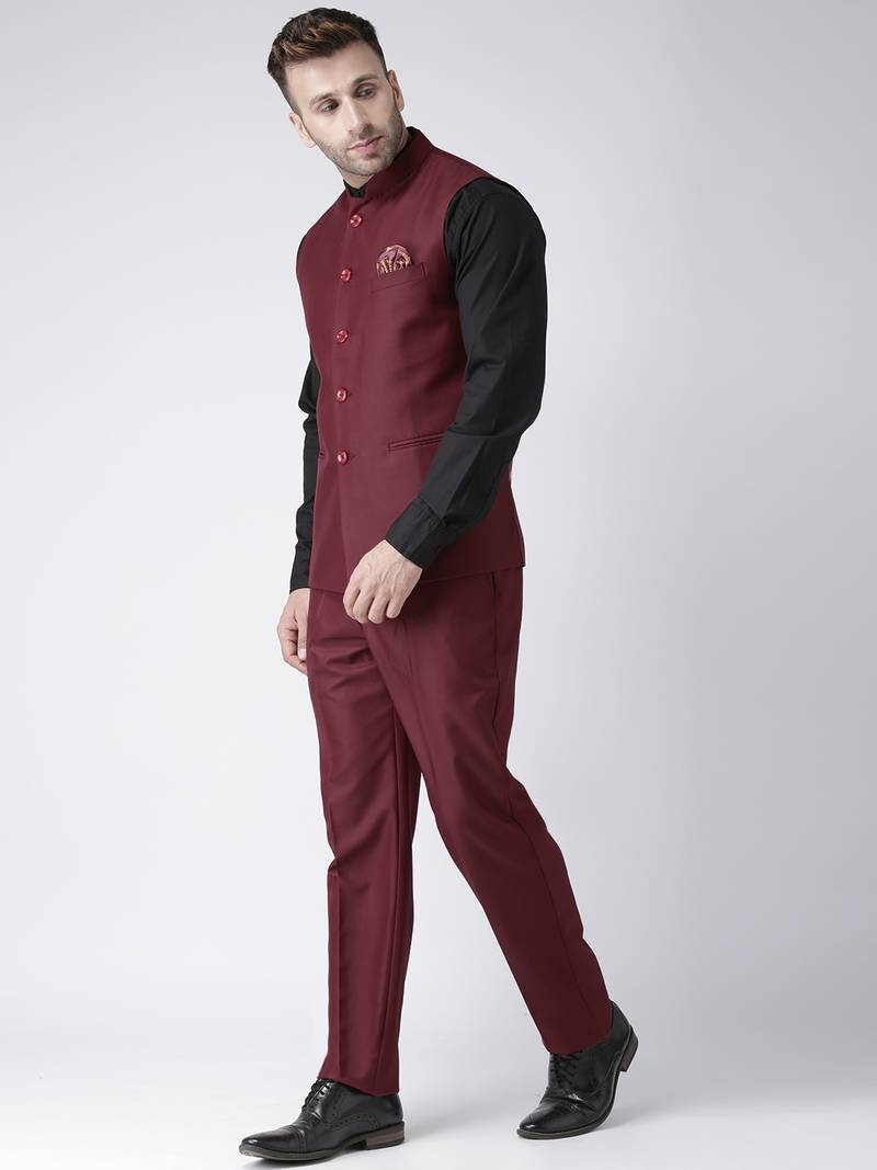 Maroon Plain Polyester Nehru Jacket
