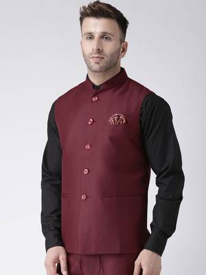 Maroon Plain Polyester Nehru Jacket 3