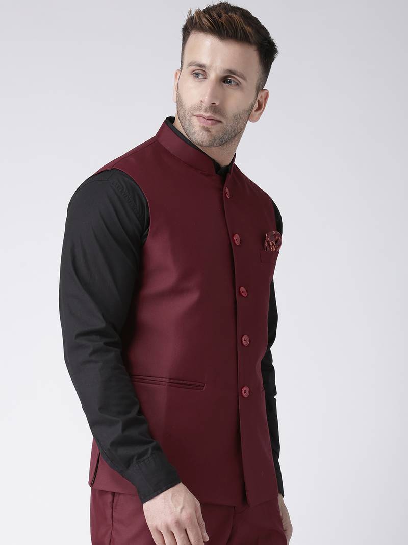 Maroon Plain Polyester Nehru Jacket