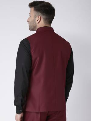 Maroon Plain Polyester Nehru Jacket 5