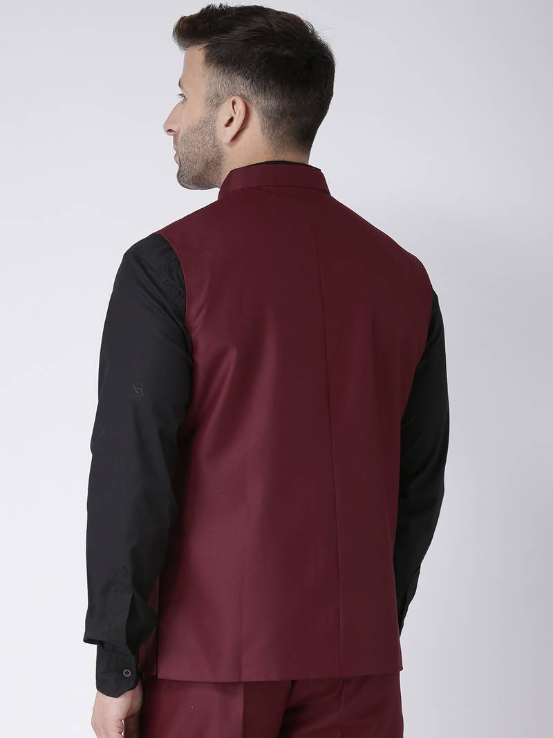 Maroon Plain Polyester Nehru Jacket