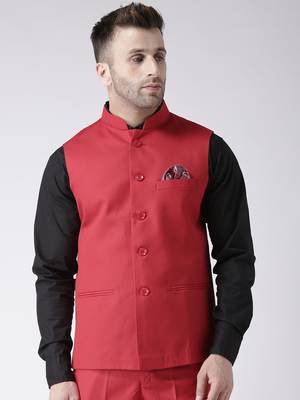 Red Plain Polyester Nehru Jacket 1