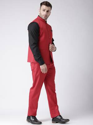 Red Plain Polyester Nehru Jacket 2