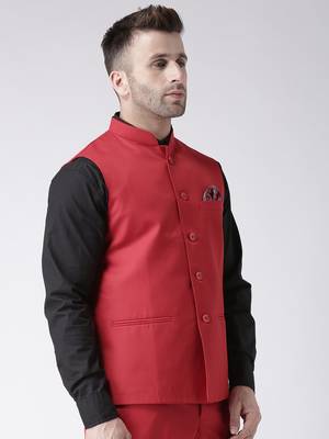 Red Plain Polyester Nehru Jacket 3