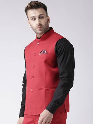 Red Plain Polyester Nehru Jacket 4