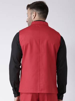 Red Plain Polyester Nehru Jacket 5