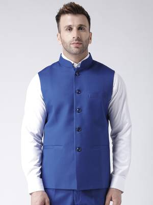 Blue Plain Polyester Nehru Jacket 1