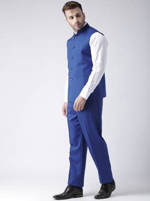 Blue Plain Polyester Nehru Jacket 2