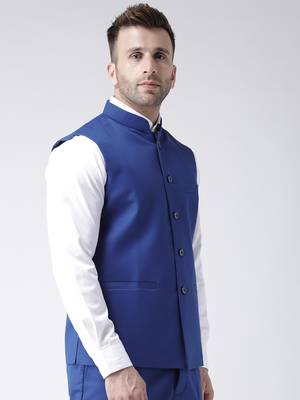 Blue Plain Polyester Nehru Jacket 3