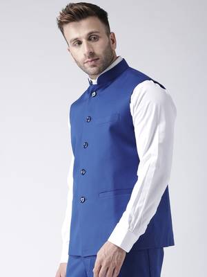 Blue Plain Polyester Nehru Jacket 4