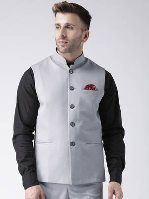 Grey Plain Polyester Nehru Jacket 1