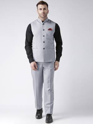 Grey Plain Polyester Nehru Jacket 2