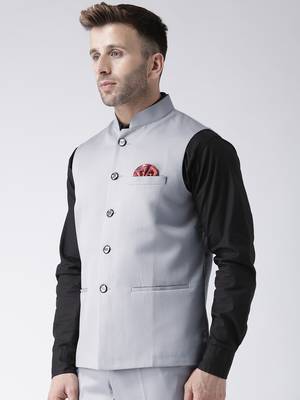 Grey Plain Polyester Nehru Jacket 3