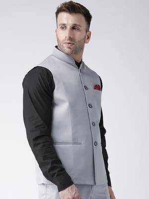 Grey Plain Polyester Nehru Jacket 4