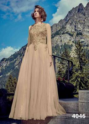 Cream embroidered net unstitched salwar with dupatta 1