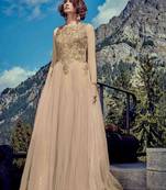 Cream embroidered net unstitched salwar with dupatta