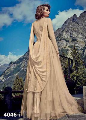 Cream embroidered net unstitched salwar with dupatta 2