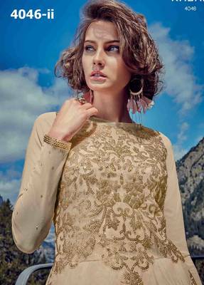 Cream embroidered net unstitched salwar with dupatta 3