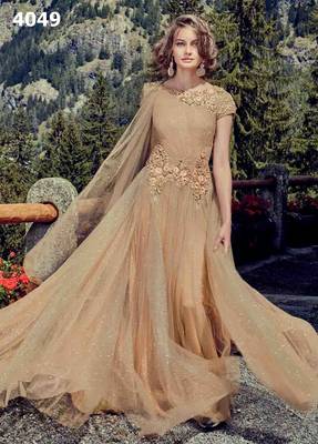 Beige embroidered net unstitched salwar with dupatta 1
