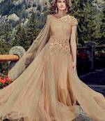 Beige embroidered net unstitched salwar with dupatta