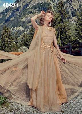 Beige embroidered net unstitched salwar with dupatta 2