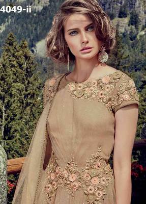 Beige embroidered net unstitched salwar with dupatta 3