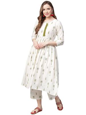 White printed cotton kurta sets 1