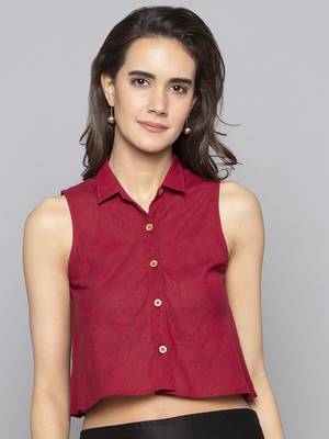 Red woven cotton readymade blouse 2