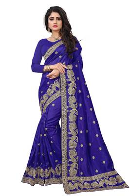 Dark blue embroidered art silk sarees saree with blouse 1