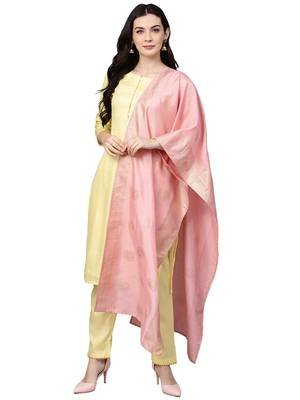 Yellow plain polyester kurta sets 1