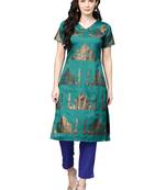 Sea-green printed polyester kurta sets