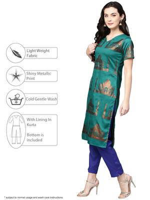 Sea-green printed polyester kurta sets 2