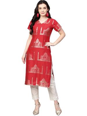 Red printed cotton kurta sets 1