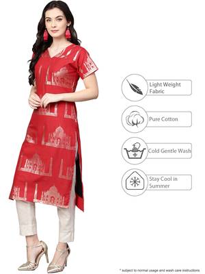Red printed cotton kurta sets 4
