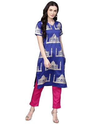 Blue printed polyester kurta sets 1