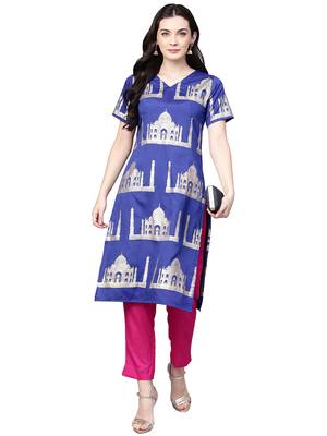 Blue printed polyester kurta sets 5