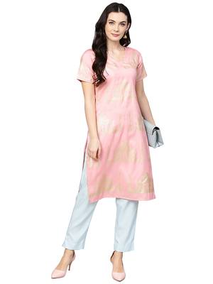 Pink printed polyester kurta sets 1