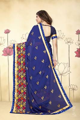   blue embroidered silk saree with blouse 2