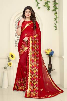   red embroidered georgette saree with blouse 1