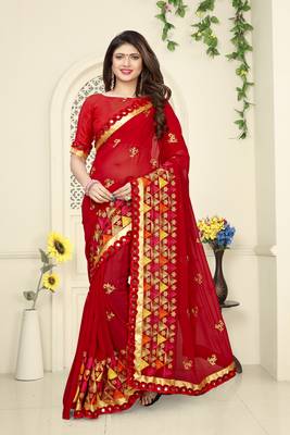   red embroidered georgette saree with blouse 3