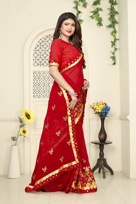   red embroidered georgette saree with blouse 4