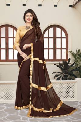 Brown plain georgette saree with blouse 1