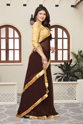 Brown plain georgette saree with blouse 4